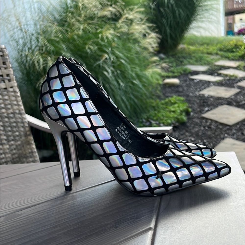 Cape Robbin Iridescent Black Grid Pointed High Heels - Women's Fashion Pump